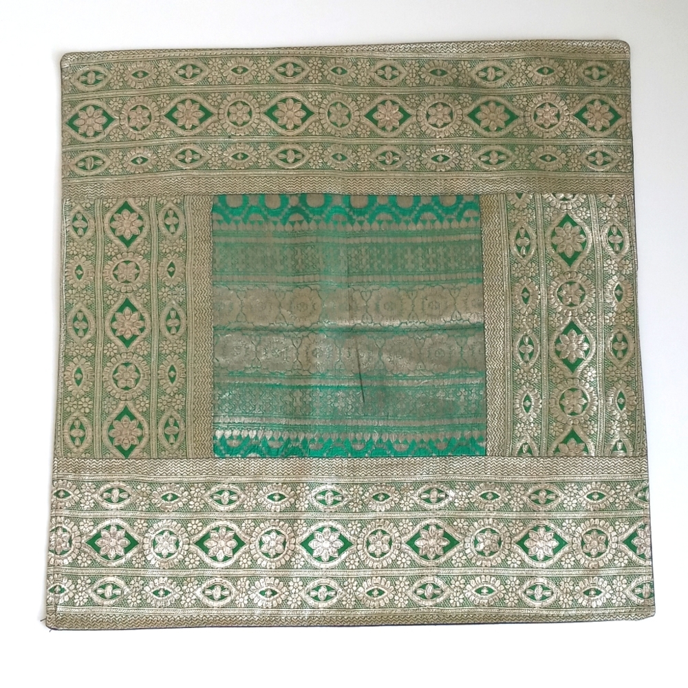 Gorgeous Silk Green Iridescent Patchwork Pillow Sham from India 16” x 16”